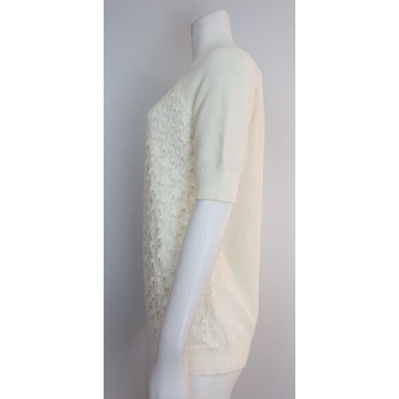 WOMEN'S IVORY WHITE SHORT SLEEVE SWEATER - LACE FRONT - DE COLLECTION - SIZE M - Picture 3 of 6